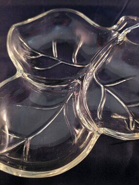 Hazel Atlas clear pressed glass leaf-shaped serving dish.